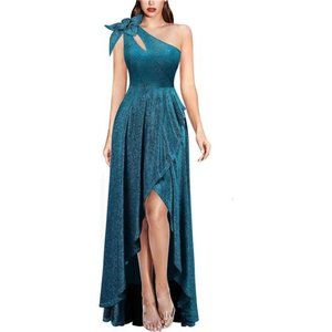 Womens 3D Flower One Shoulder Prom Formal Wedding Shiny Teal Blue